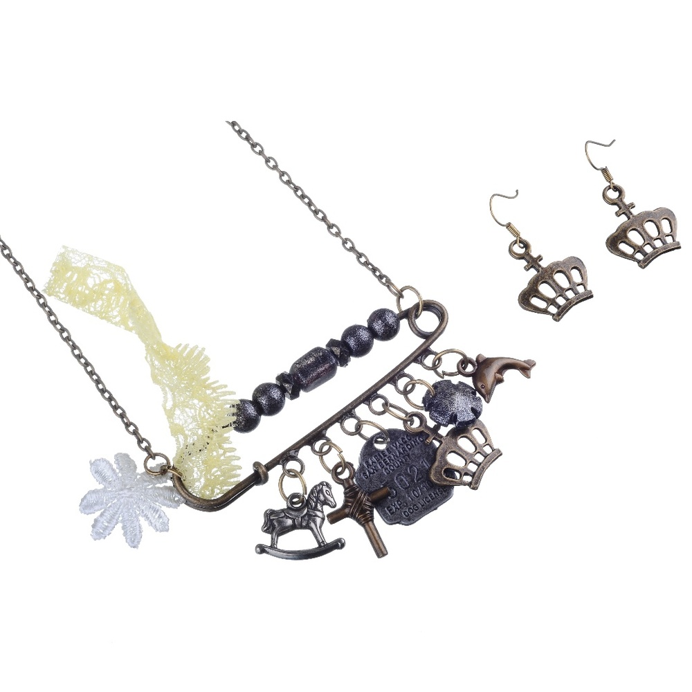 BRASSY VINTAGE SAFETY PIN & CROWN JEWELRY SET